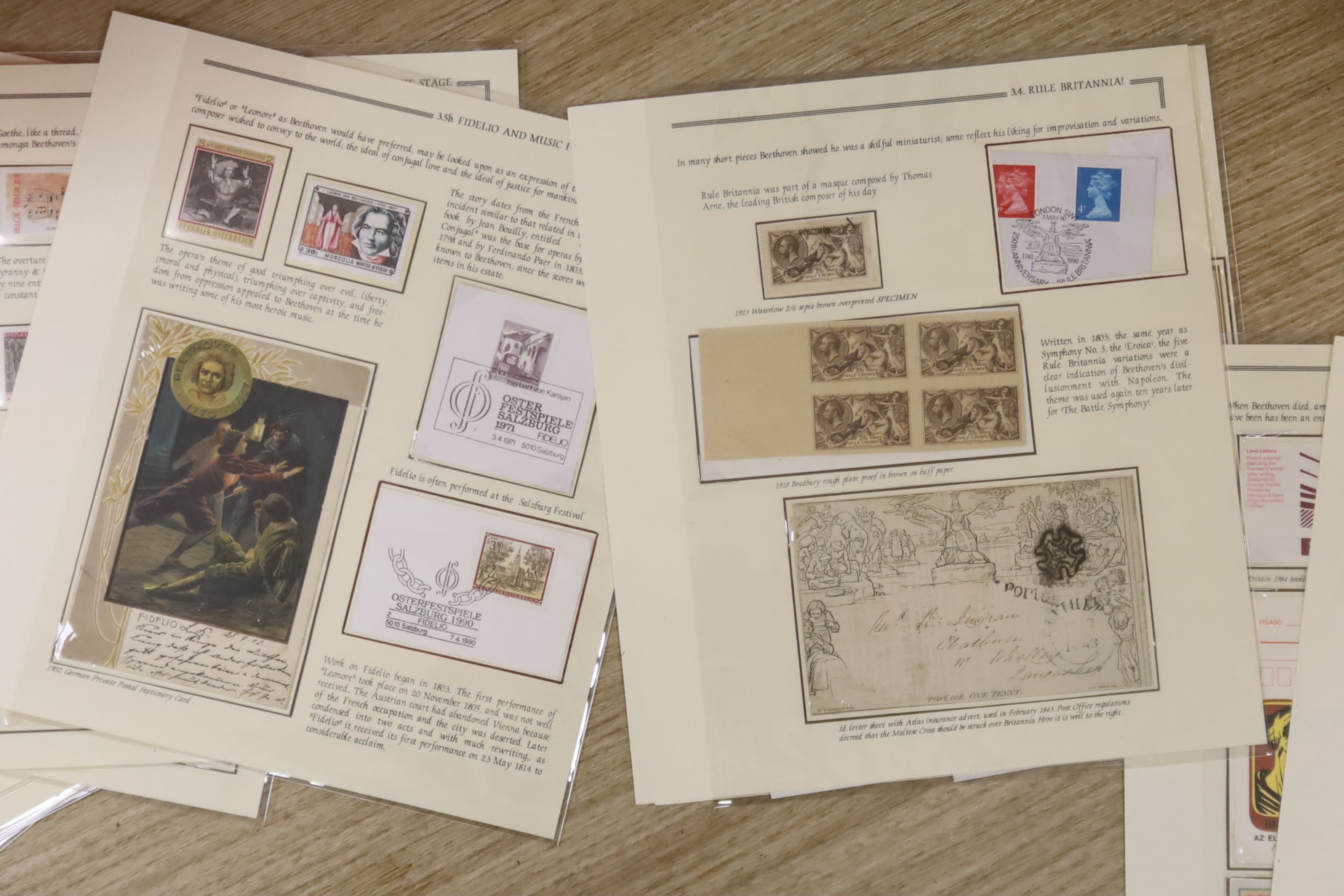 Various stamps in folders, stock books with Great Britain 1840 1d Mulready used, 1913 seahorse 2sh.6.d specimen, various themes with Diana, Music – Beethoven, Flowers, F.D.covers, booklet panes etc. 2 boxes